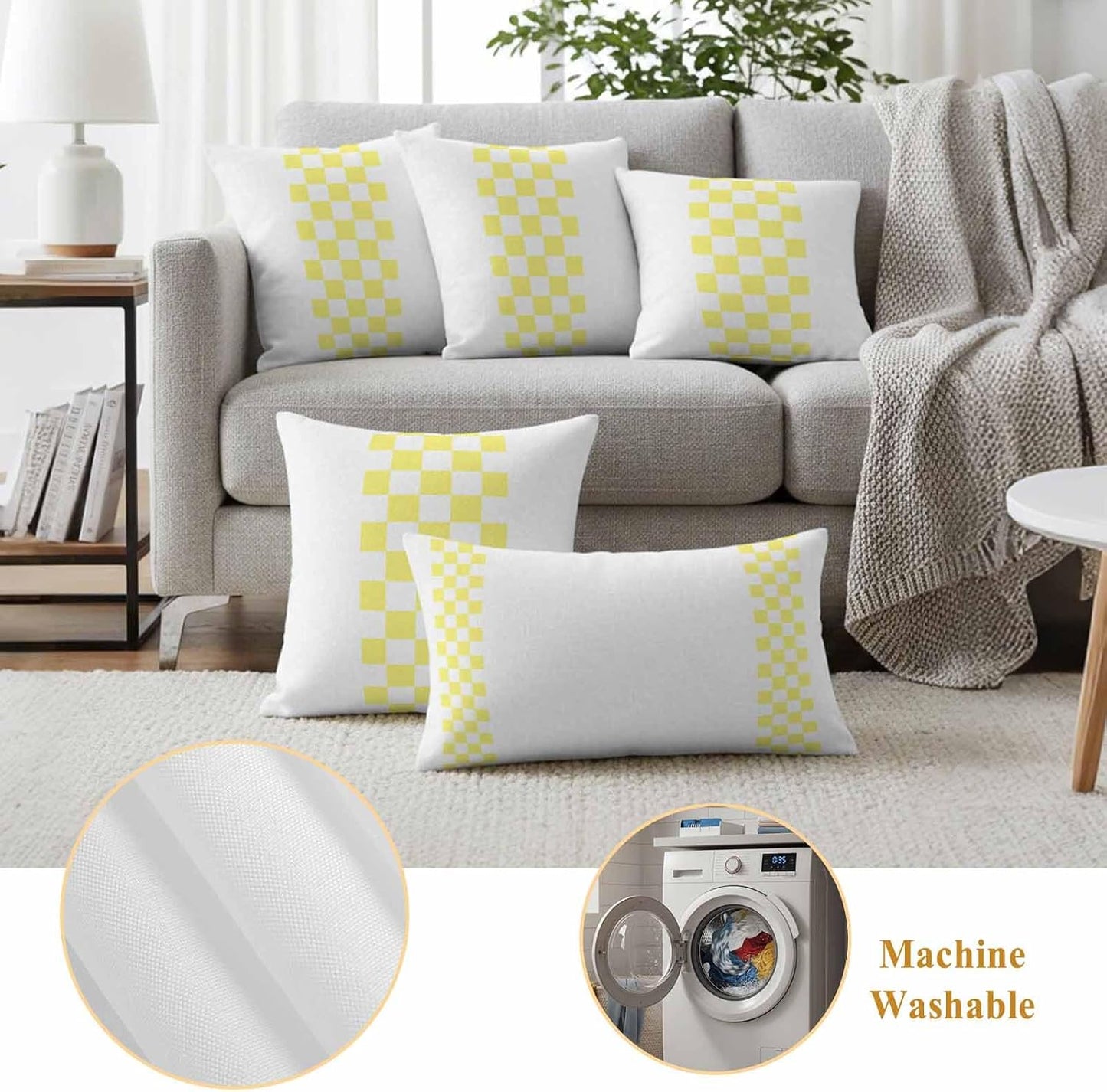 Outdoor Pillows 16x16 Inch Waterproof Outdoor Pillow Covers, Yellow Check Plaid Throw Pillow Covers Garden Cushion Decorative Case for Patio Couch Decoration Set of 2, Buffalo Farmhouse Style Pattern