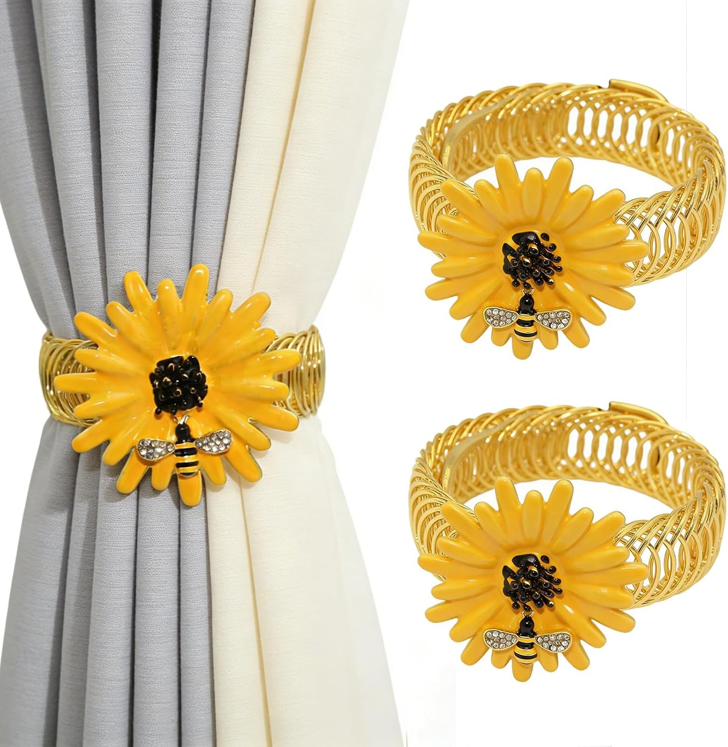 Sunflower Curtain Tiebacks 2 Pack Yellow Bee Daisy Curtain Holdbacks,No Drill Curtain Ties & Auto-Closing Spring Wire,Boho Curtain Tie Backs for Farmhouse Kitchen Living Room Bedroom Decor