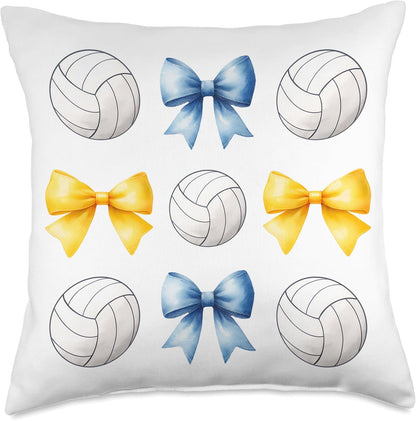 Volleyballs & Blue & Yellow Gold Bows Volleyball Team Player Throw Pillow