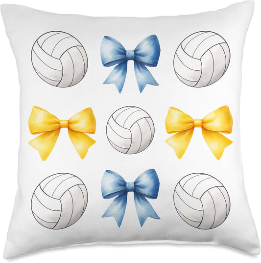 Volleyballs & Blue & Yellow Gold Bows Volleyball Team Player Throw Pillow