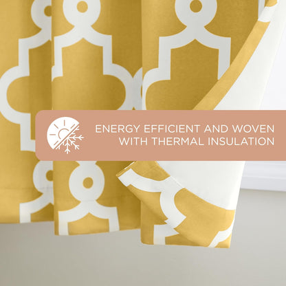 TOWN & COUNTRY EVERYDAY Ironwork Geo Trellis Sateen Indoor Curtains, Room Darkening Blackout, Grommet Top, Energy Efficient, 2-Pack Set, 52"x63", Sundress Yellow