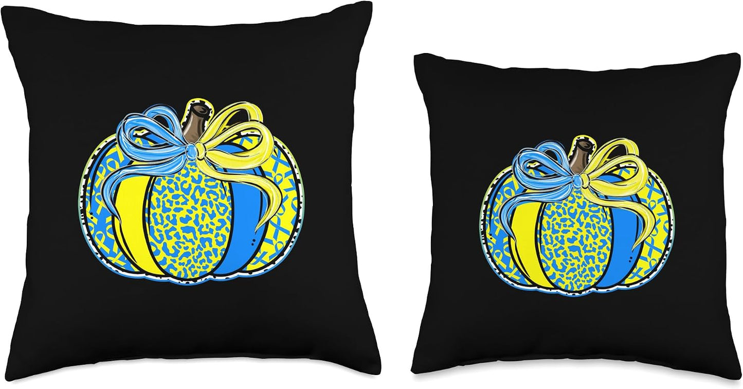 Coquette Bow Blue and Yellow Pumpkin Preppy Downs Syndrome Throw Pillow