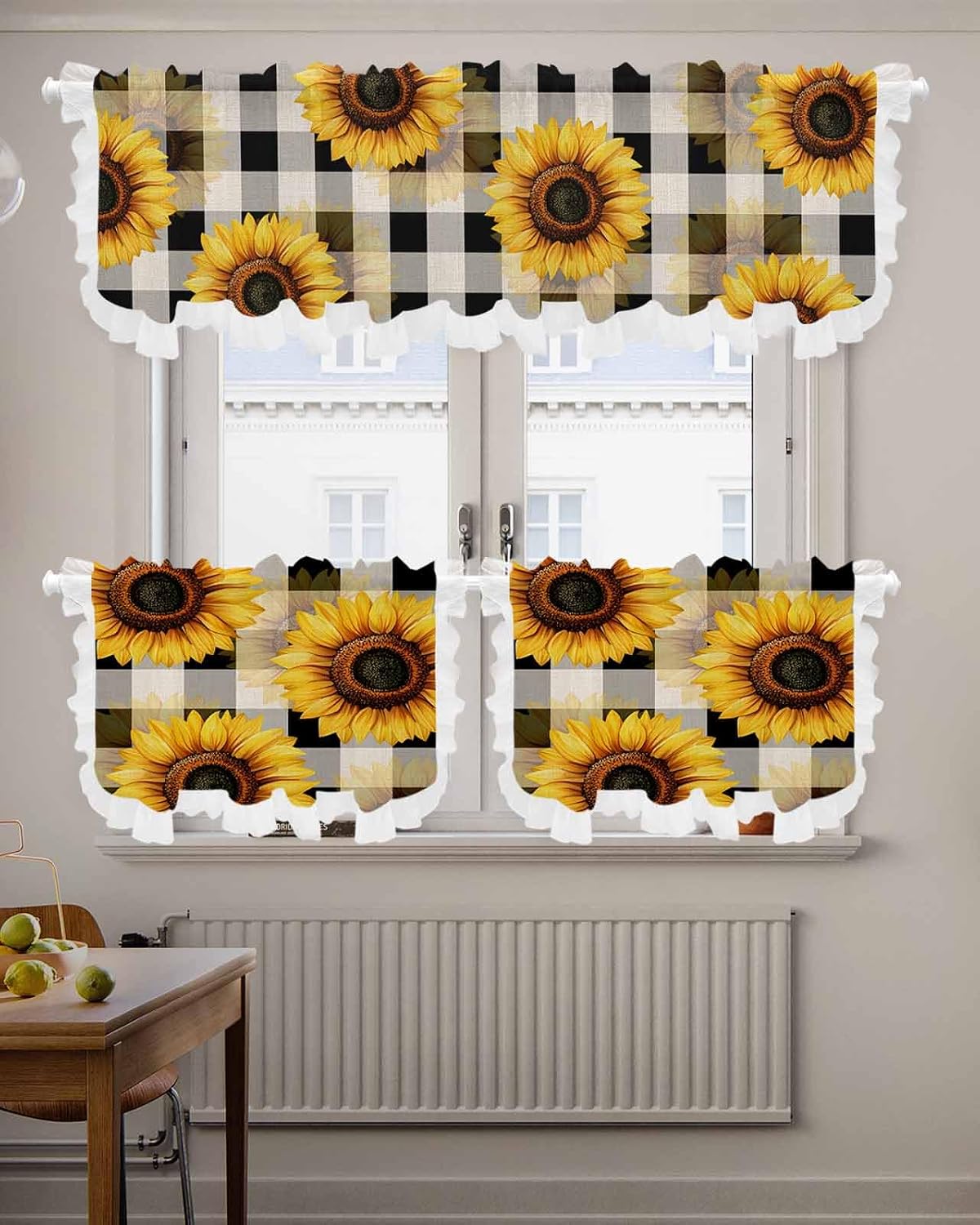 Abstract Yellow Sunflower Sheer Kitchen Curtains and Valance Set Black White Plaid Linen Texture Ruffle Tier Curtain Light Filtering Small Window Drapes for Cafe Living Room, 3 Pieces, 54" x 24"