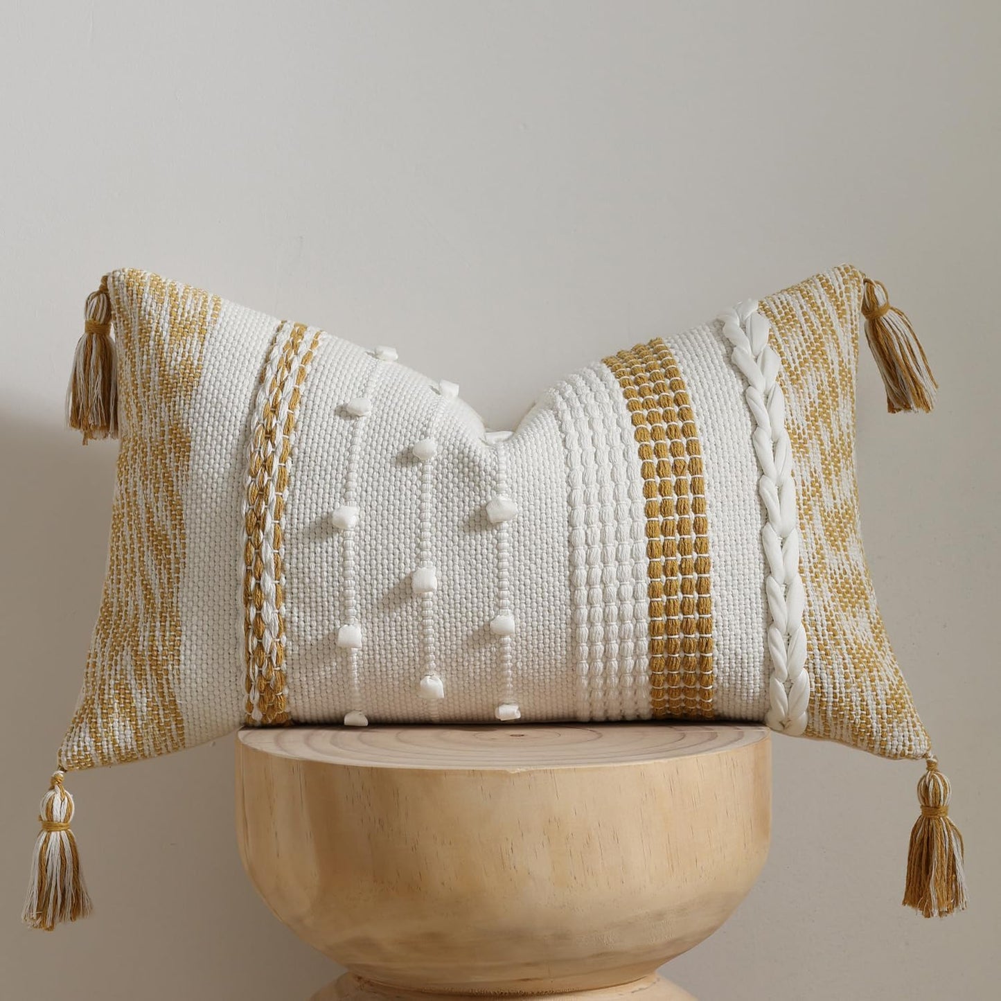 DEZENE Boho Lumbar Pillow Cover 12x20 Mustard Yellow - Handmade Woven Textured Throw Pillow Case with Cordings & Tassels, Decorative Accent for Couch Sofa Bed Farmhouse Living Room Bedroom Home Decor