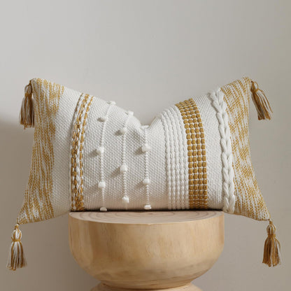 DEZENE Boho Lumbar Pillow Cover 12x20 Mustard Yellow - Handmade Woven Textured Throw Pillow Case with Cordings & Tassels, Decorative Accent for Couch Sofa Bed Farmhouse Living Room Bedroom Home Decor