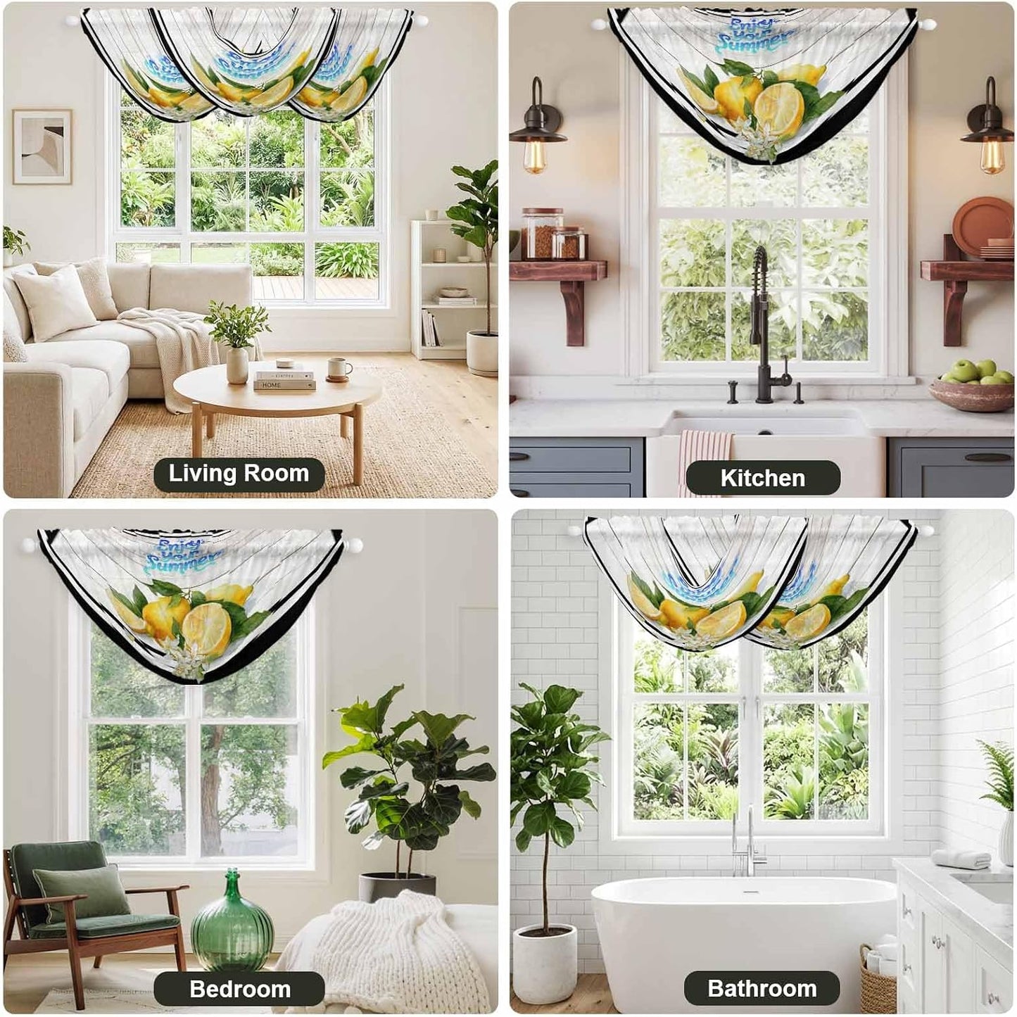 Waterfall Valance Curtain, Summer Lemon Flower Leaf Semi Sheer Kitchen Curtains Luxury Waterfall Valances for Windows, Farmhouse Wood Plank Black White Line Rod Pocket Curtain Valance for Living Room