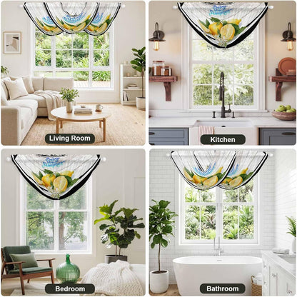 Waterfall Valance Curtain, Summer Lemon Flower Leaf Semi Sheer Kitchen Curtains Luxury Waterfall Valances for Windows, Farmhouse Wood Plank Black White Line Rod Pocket Curtain Valance for Living Room