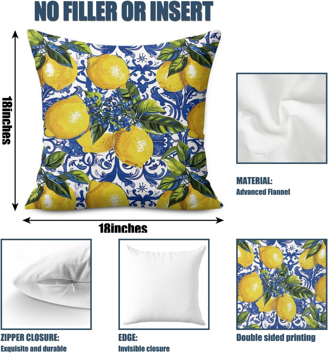 4 PCs Pillow Covers 18x18, Italy Lemon Throw Pillow Covers, Lemon Decor Italian Gifts Pillow Cases Decorative Pillow Protectors Living Room Bedroom Office Home Decor for Cushion Car Bed