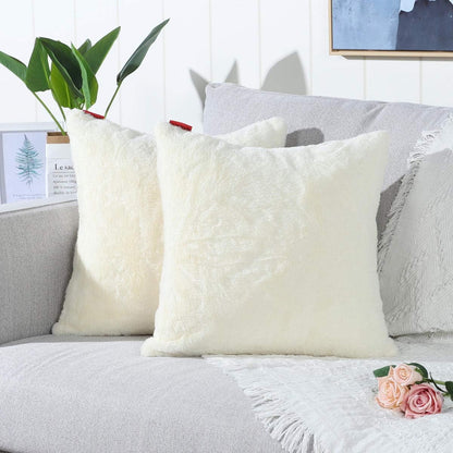 MANDIOO Pack of 2 Cream Yellow Faux Fur Fuzzy Cozy Soft Decorative Throw Pillow Covers Set Cushion Cases Pillowcases for Sofa Bedroom Car 18x18 Inches