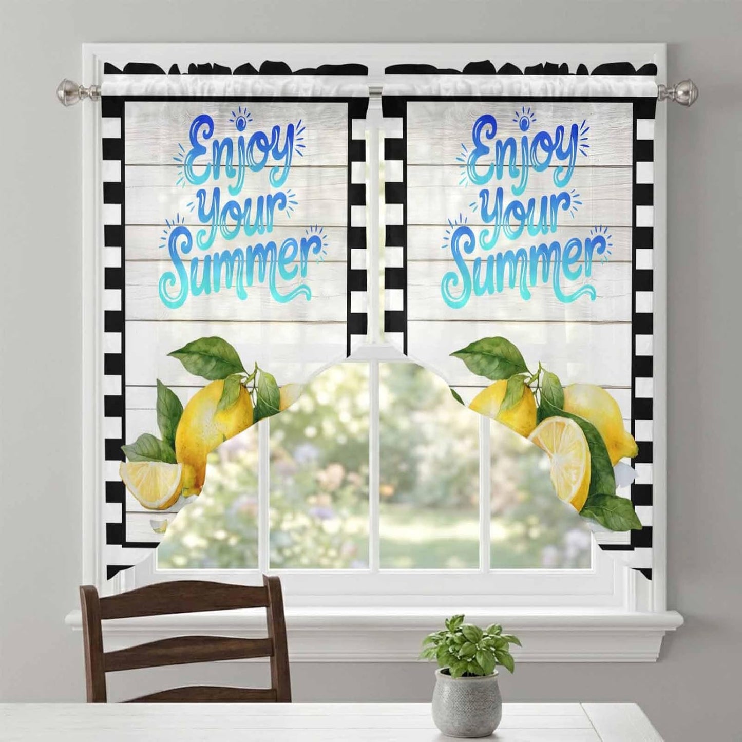 Yellow Lemon Swag Curtains 36 Inch Length 2 Panels Set,Summer Fruits Modern Minimalist Wooden Grain Semi-Sheer Curtain Drapes Rod Pocket Valance For Kitchen,Living Room,Bedroom,Cafe Window 56"Wx36"L