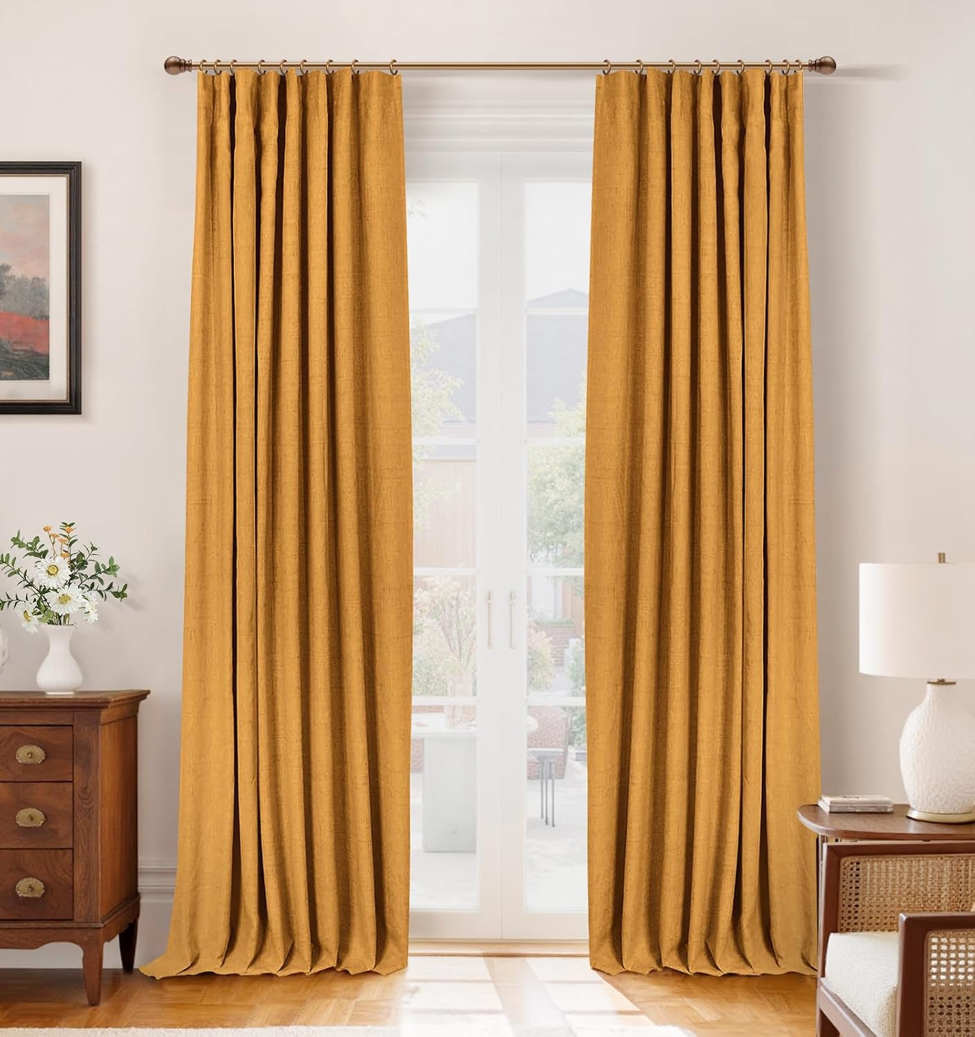 INOVADAY 100% Blackout Curtains for Bedroom, Mustard Yellow Black Out Curtains 84 Inch Long, Clip Rings Linen Blackout Drapes, Thermal Insulated Room Darkening for Living Room, 2 Panels - W50xL84