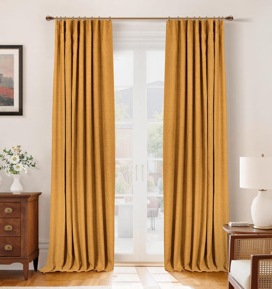 INOVADAY 100% Blackout Curtains for Bedroom, Mustard Yellow Black Out Curtains 84 Inch Long, Clip Rings Linen Blackout Drapes, Thermal Insulated Room Darkening for Living Room, 2 Panels - W50xL84