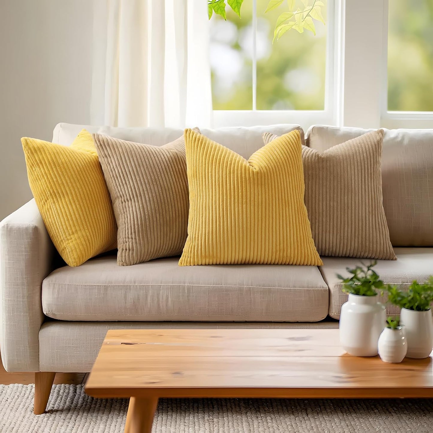 Mecatny Corduroy Summer Decorative Throw Pillow Covers 18x18 Set of 2 for Sofa Living Room, Soft Neutral Boho Couch Pillow Covers for Home Decor, Mustard Yellow