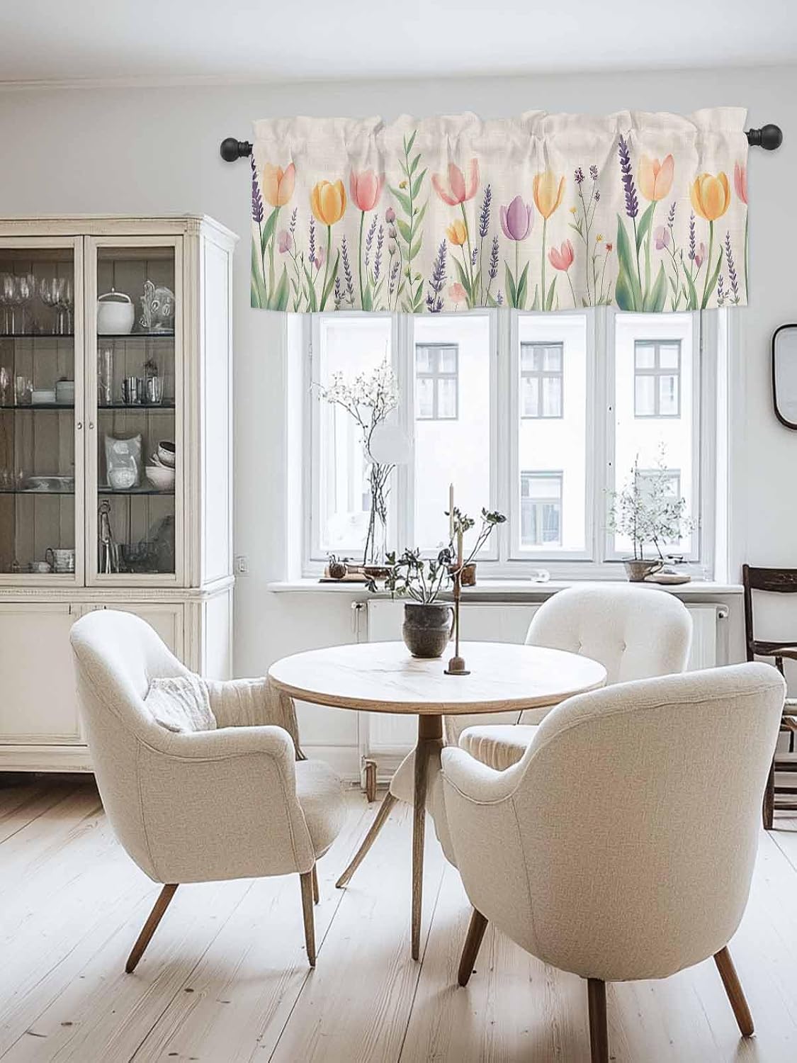 Spring Floral Valances for Windows, Pink Yellow Tulip Kitchen Curtains Window Treatment Decor, Summer Botanical Flowers Rod Pocket Short Window Valances for Living Room/Bedroom, 54" x 18"