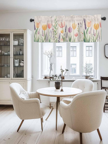 Spring Floral Valances for Windows, Pink Yellow Tulip Kitchen Curtains Window Treatment Decor, Summer Botanical Flowers Rod Pocket Short Window Valances for Living Room/Bedroom, 54" x 18"