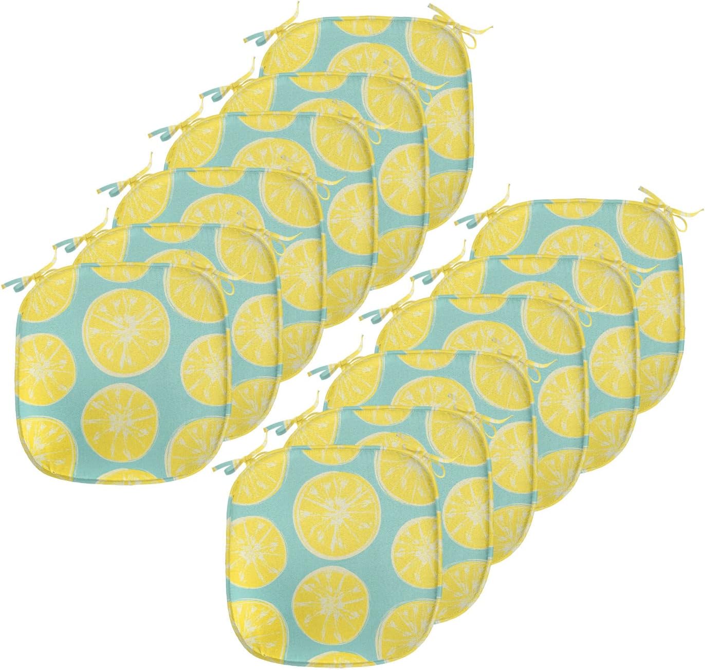 Lunarable Yellow and Blue Chair Seating Cushion Set of 12, Citrus Pattern in Hand Drawn Style Watercolor Grunge Lemon Slices, Anti-Slip Seat Padding for Kitchen & Patio, 16"x16", Turquoise and Yellow