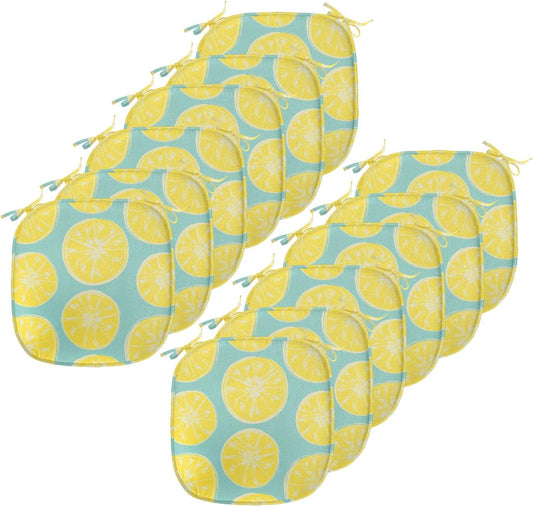 Lunarable Yellow and Blue Chair Seating Cushion Set of 12, Citrus Pattern in Hand Drawn Style Watercolor Grunge Lemon Slices, Anti-Slip Seat Padding for Kitchen & Patio, 16"x16", Turquoise and Yellow
