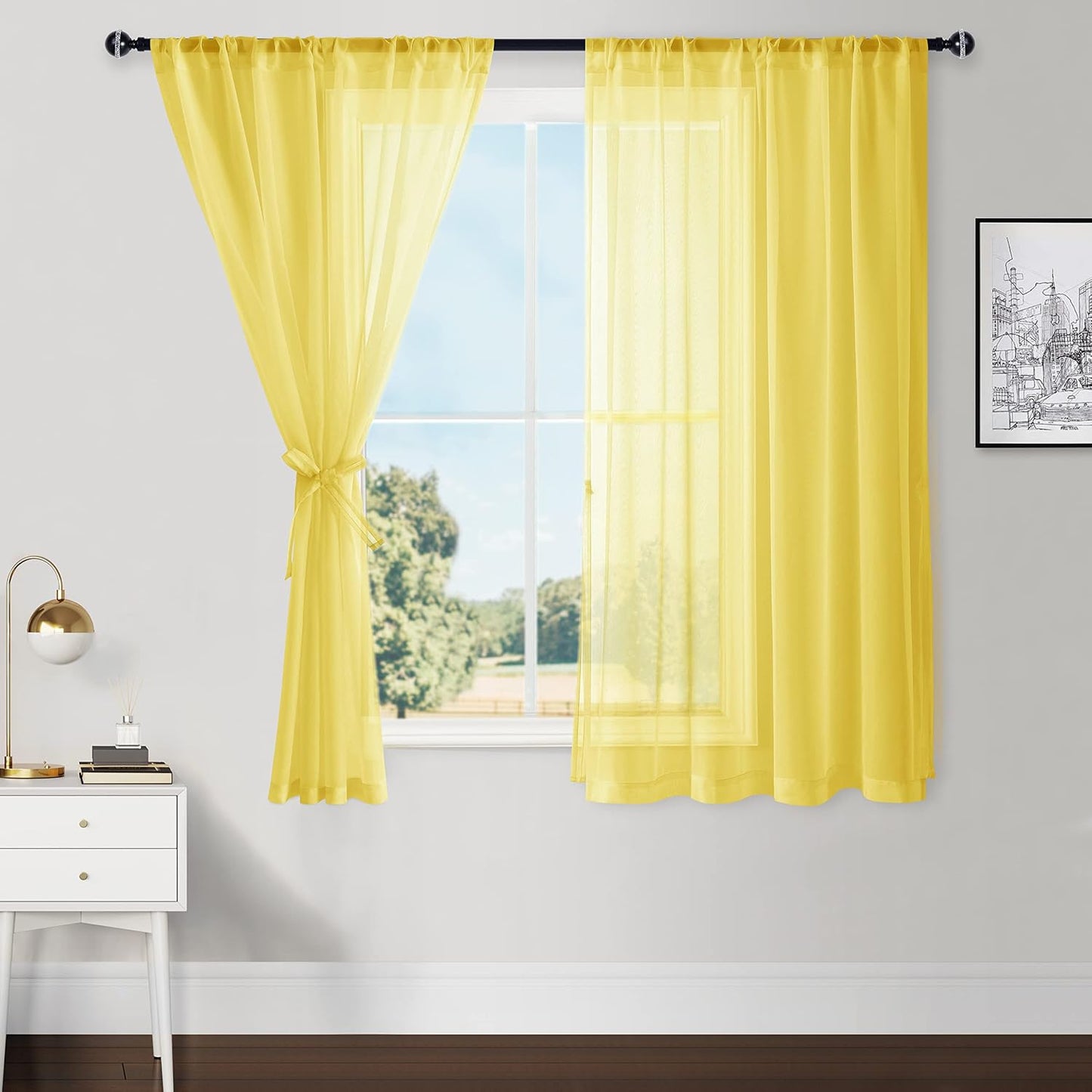 Hiasan Sheer Curtains for Bedroom with Tiebacks, Rod Pocket Light Filtering Lightweight Voile Window Curtains for Living Room, Kids' Room and Kitchen, Yellow, W52 x L45, Set of 2 Soft Drape Panels