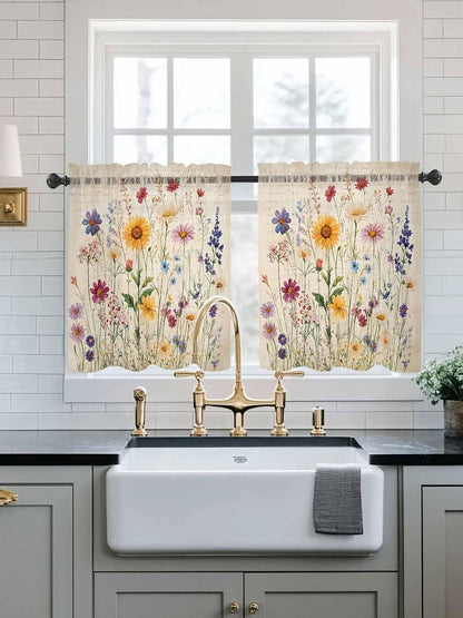 Botanical Floral Sheer Curtains for Bedroom Living Room Window Tier Curtain 24 Inch Length, Retro Purple Pink Yellow Wildflowers Rod Pocket Voile Drapes Kitchen Curtains Small Half Window 2 Panels