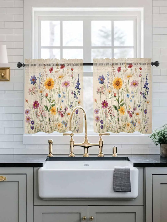 Botanical Floral Sheer Curtains for Bedroom Living Room Window Tier Curtain 24 Inch Length, Retro Purple Pink Yellow Wildflowers Rod Pocket Voile Drapes Kitchen Curtains Small Half Window 2 Panels