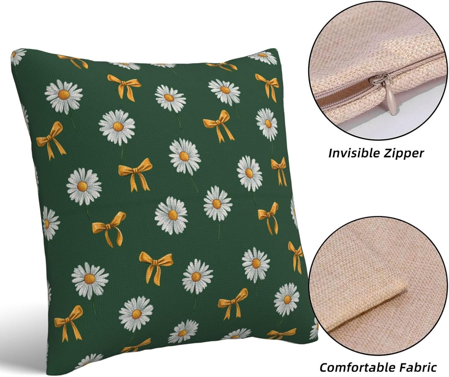 White Daisy Yellow Bows on Green Throw Pillow Covers Decorative 16x16 Pack of 2 Neutral Cushion Covers Farmhouse for Living Room Decor Sofa Bed