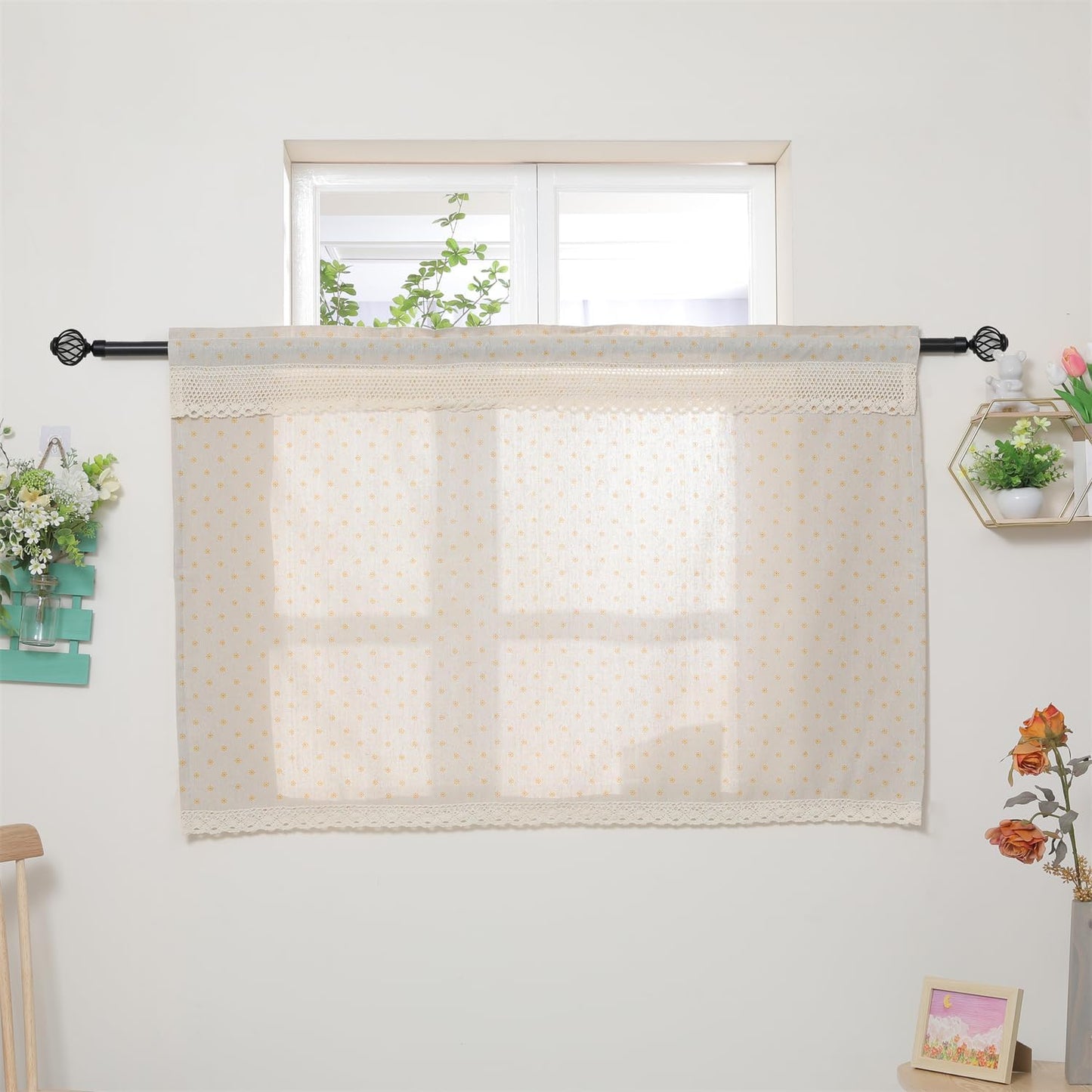 Farmhouse Cotton Linen Tier Curtain 24 Inch Long Elegant Floral Lace Window Valance Kitchen Bathroom Short Curtain, 1 Panel, Yellow Daisy