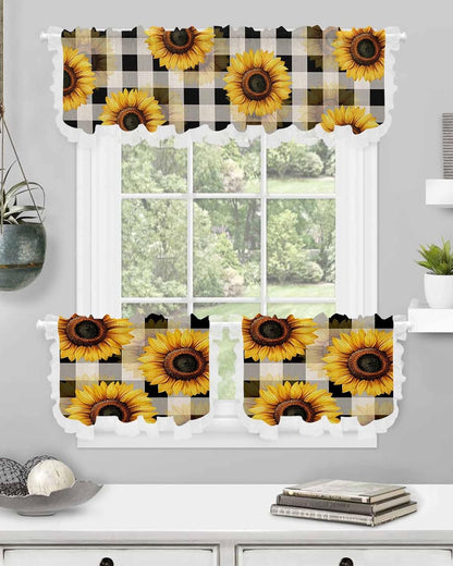 Abstract Yellow Sunflower Sheer Kitchen Curtains and Valance Set Black White Plaid Linen Texture Ruffle Tier Curtain Light Filtering Small Window Drapes for Cafe Living Room, 3 Pieces, 54" x 24"