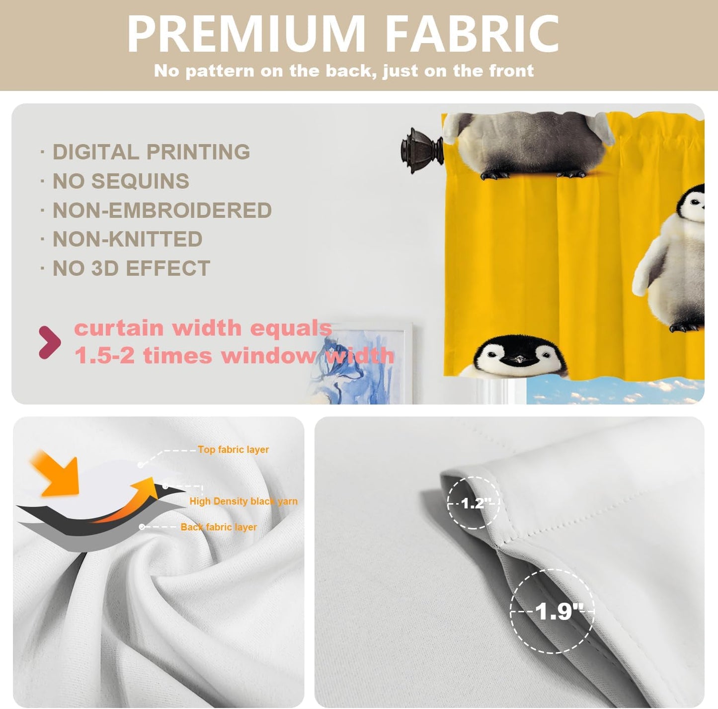 Cute Penguin Blackout Kitchen Curtain, Baby Penguins On Yellow Window Treatment Rod Pocket Light Filtering Bathroom Short Valance 1 Pack 52X18 Inches