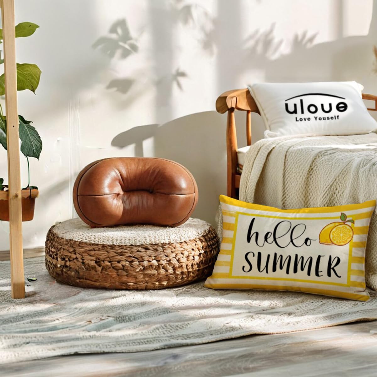 ULOVE LOVE YOURSELF Hello Summer Decorative Pillow Cover Yellow Lemon Design Cushion Cover 12"×20" Farmhouse Summer Holiday Lumbar Pillowcase Seasonal Decorations for Sofa Couch Porch(Yellow)
