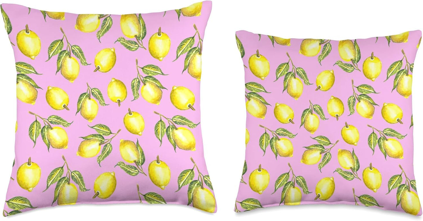 Watercolor Lemon Citrus Fruit Pink Yellow European Summer Throw Pillow