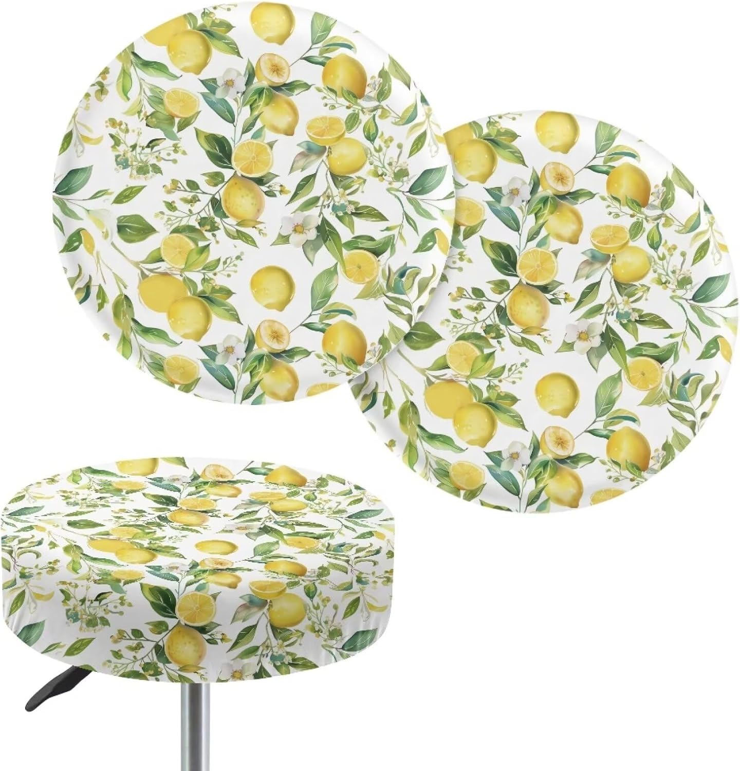 Yellow Lemon Stretch Round Stool Covers with Elastic Bands, Stretchable Anti-Wrinkle Chair Seat Stool Cushion Slipcovers for Home Dining Room Christmas Decor