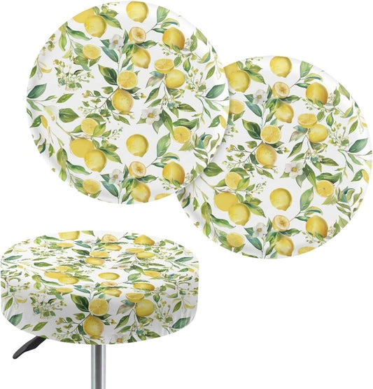 Yellow Lemon Stretch Round Stool Covers with Elastic Bands, Stretchable Anti-Wrinkle Chair Seat Stool Cushion Slipcovers for Home Dining Room Christmas Decor