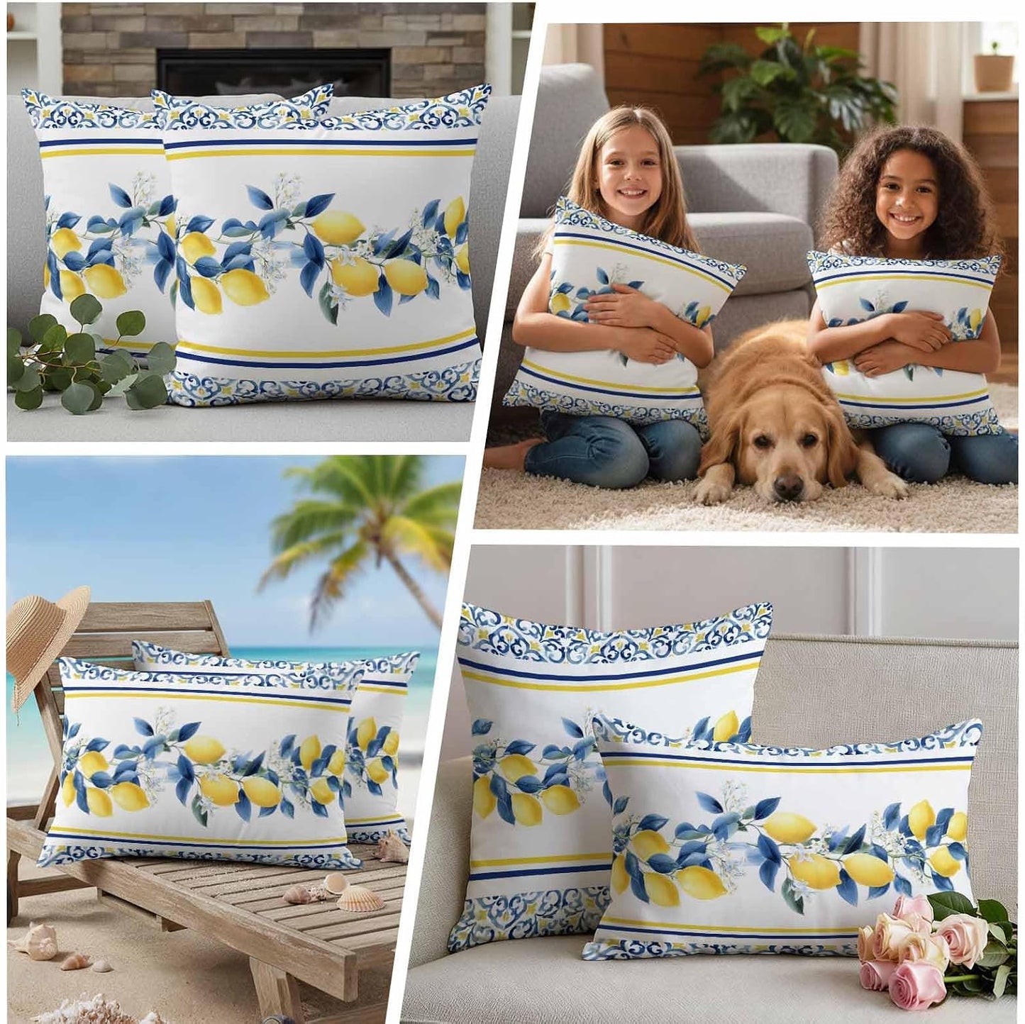 Summer Lemon Outdoor Pillow Covers Pack of 2 Lemon Flower Mediterranean Waterproof Garden Farmhouse Cushion Cases Decorative for Patio Furniture Balcony Couch Sofa 20 x 20 Inch