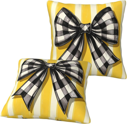 Black White Checkered Bow On Yellow Stripe Throw Pillows Covers, Couch Sofa Pillow Cases,Zipper Bedding Cushion Cases for Living Room,18x18 Inch