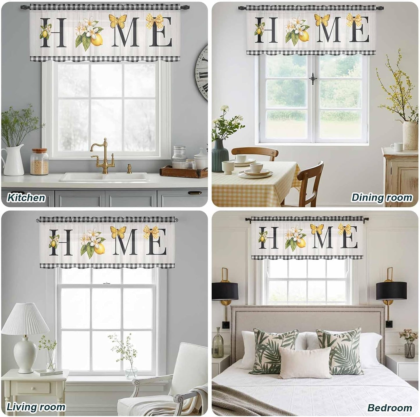 Farmhouse Lemon Sheer Curtains Valances for Windows Black Yellow Floral Buffalo Plaid Gray Chiffon Kitchen Valances for Cafe, Voile Window Treatments Curtains for Living Room Bedroom, 54"x18"
