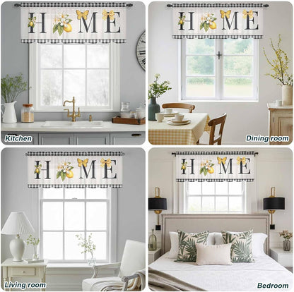 Farmhouse Lemon Sheer Curtains Valances for Windows Black Yellow Floral Buffalo Plaid Gray Chiffon Kitchen Valances for Cafe, Voile Window Treatments Curtains for Living Room Bedroom, 54"x18"