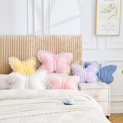 XVTRU Butterfly Pillow Yellow Decorative Pillows 15" Butterfly Shaped Cute Throw Pillows with Lace Aesthetic Bow Plush Cushion for Room Decor Bed Sofa Couch