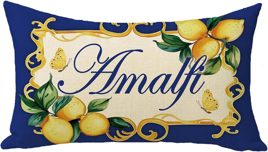 Italy Capri Blue Lemon Lumbar Decorative Throw Pillow Cover 12 x 20, Rectangular Italian Amalfi Coast Citrus Porch Outdoor Home Decor, Summer Mediterranean Sofa Couch Cushion Case