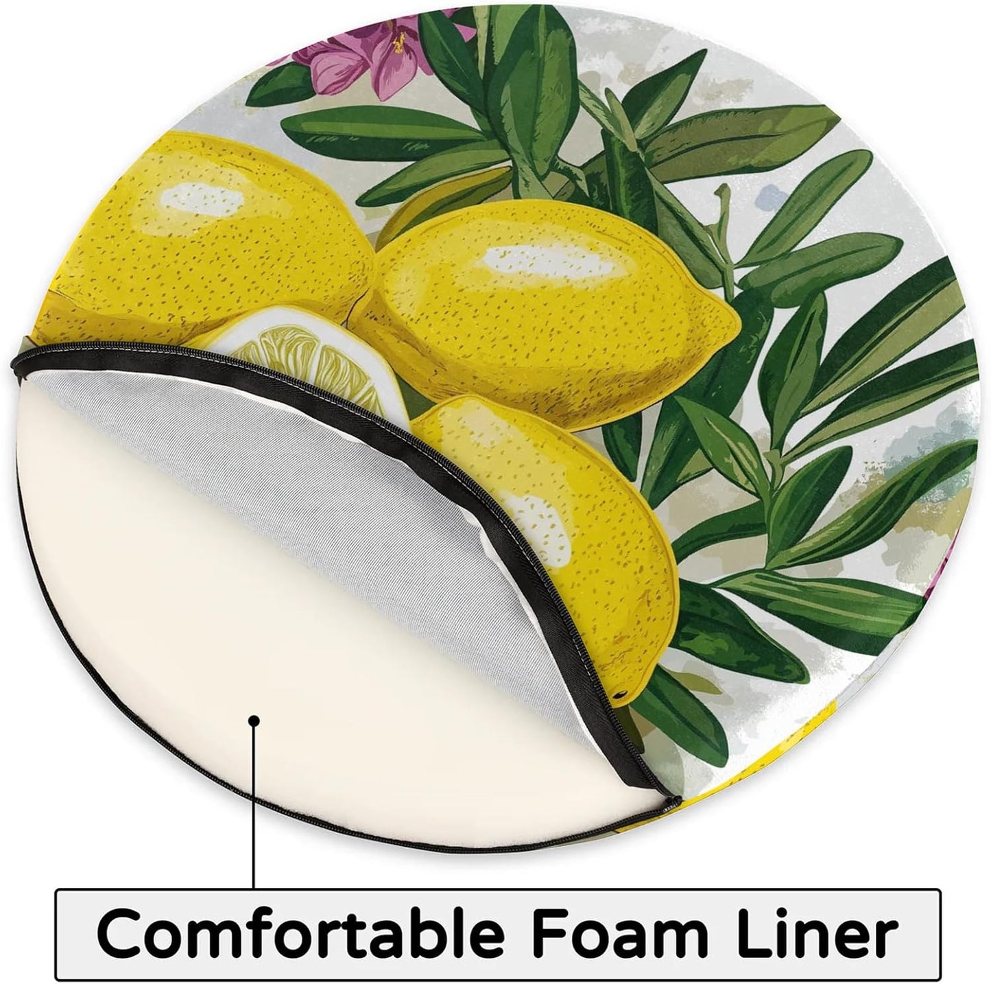 Lemons Yellow Round Chair Cushion for Dining Foam Seat Cushion Cover with Ties Reversible Removable Seat Chair Pads for Indoor Kitchen Decor 14 Inch