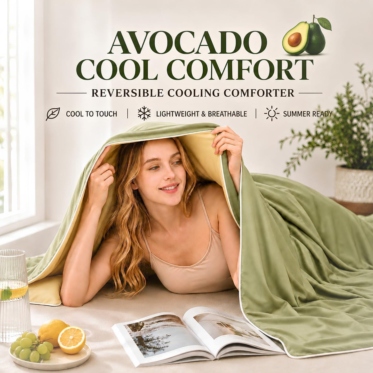 Eastsora Cooling Comforter Queen Size, Cooling Blanket for Hot Sleepers, Q-Max 0.45 Reversible Summer Comforter, Lightweight Breathable Bedding for Night Sweats (Yellow+Green)