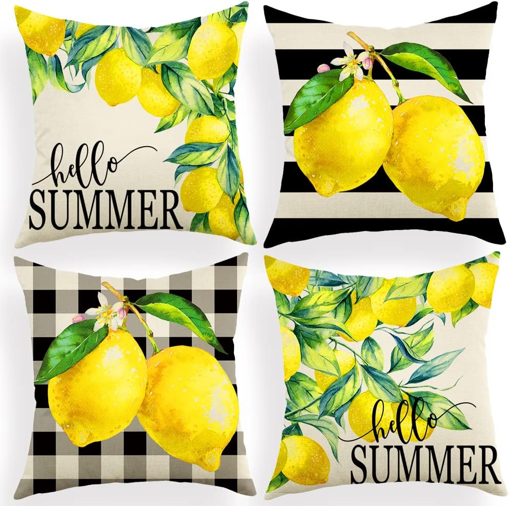 Ogiselestyle Watercolor Stripes Lemon Hello Summer Throw Pillow Cover, 18 x 18 Inch Buffalo Plaid Lemons Cushion Case for Sofa Couch Set of 4