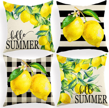 Ogiselestyle Watercolor Stripes Lemon Hello Summer Throw Pillow Cover, 18 x 18 Inch Buffalo Plaid Lemons Cushion Case for Sofa Couch Set of 4