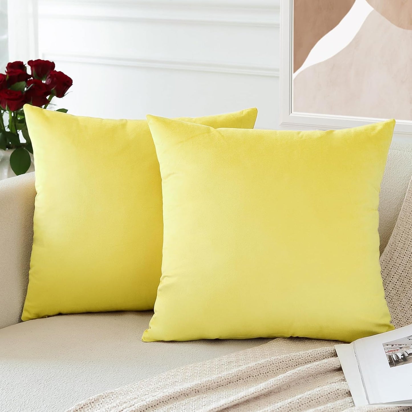 OTOSTAR Pack of 2 Velvet Soft Decorative Throw Pillow Covers 18 x 18 Inch Solid Square Cushion Case Couch Home Decor Pillow Covers for Sofa Bedroom Living Room (Lemon Yellow)