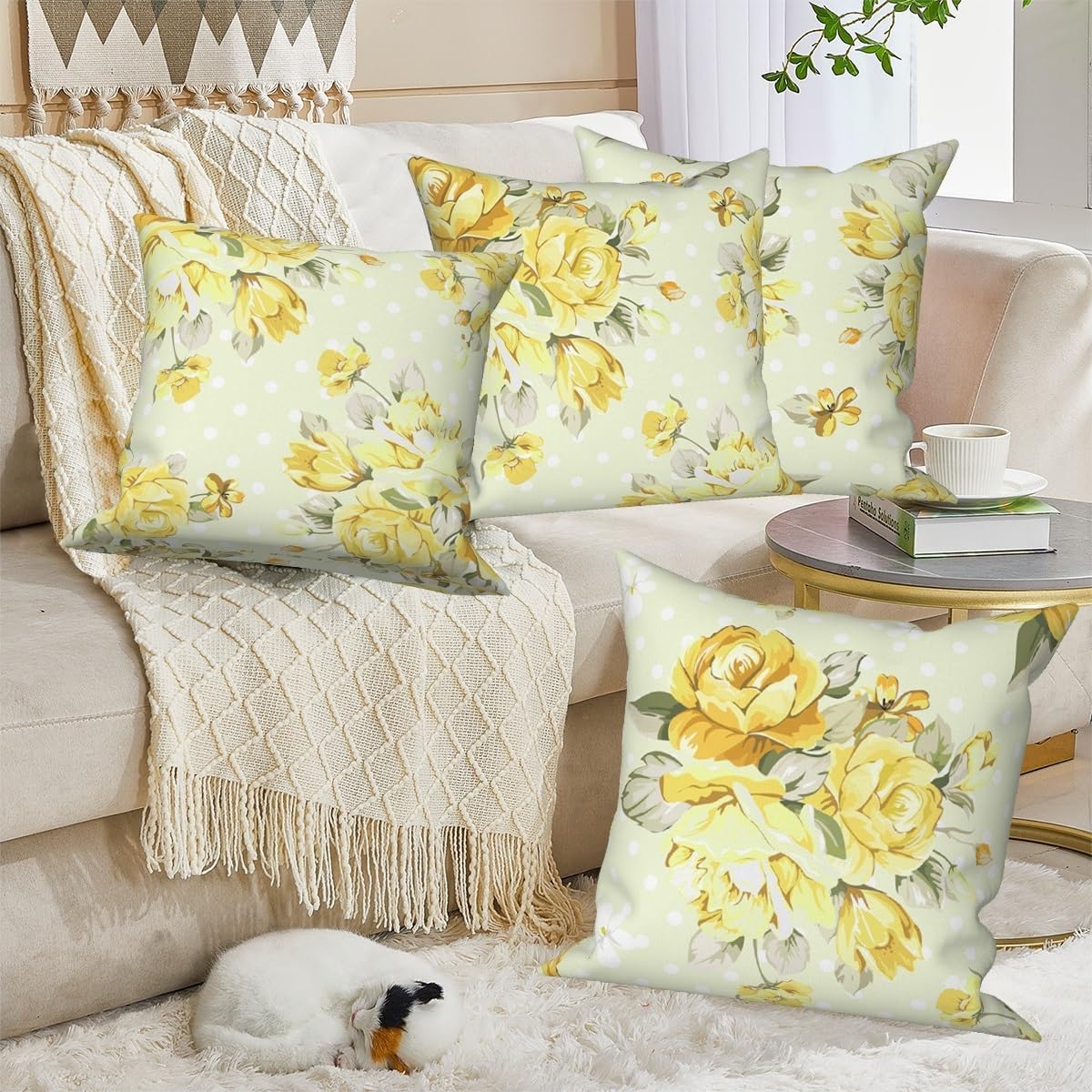 Light Yellow Flower Throw Pillow Covers 20"x20" Set of 4, Retro Floral Sofa Pillowcases for Chair Couch Bed Living Room Office Car Garden Patio Farmhouse Indoor Outdoor Decorative