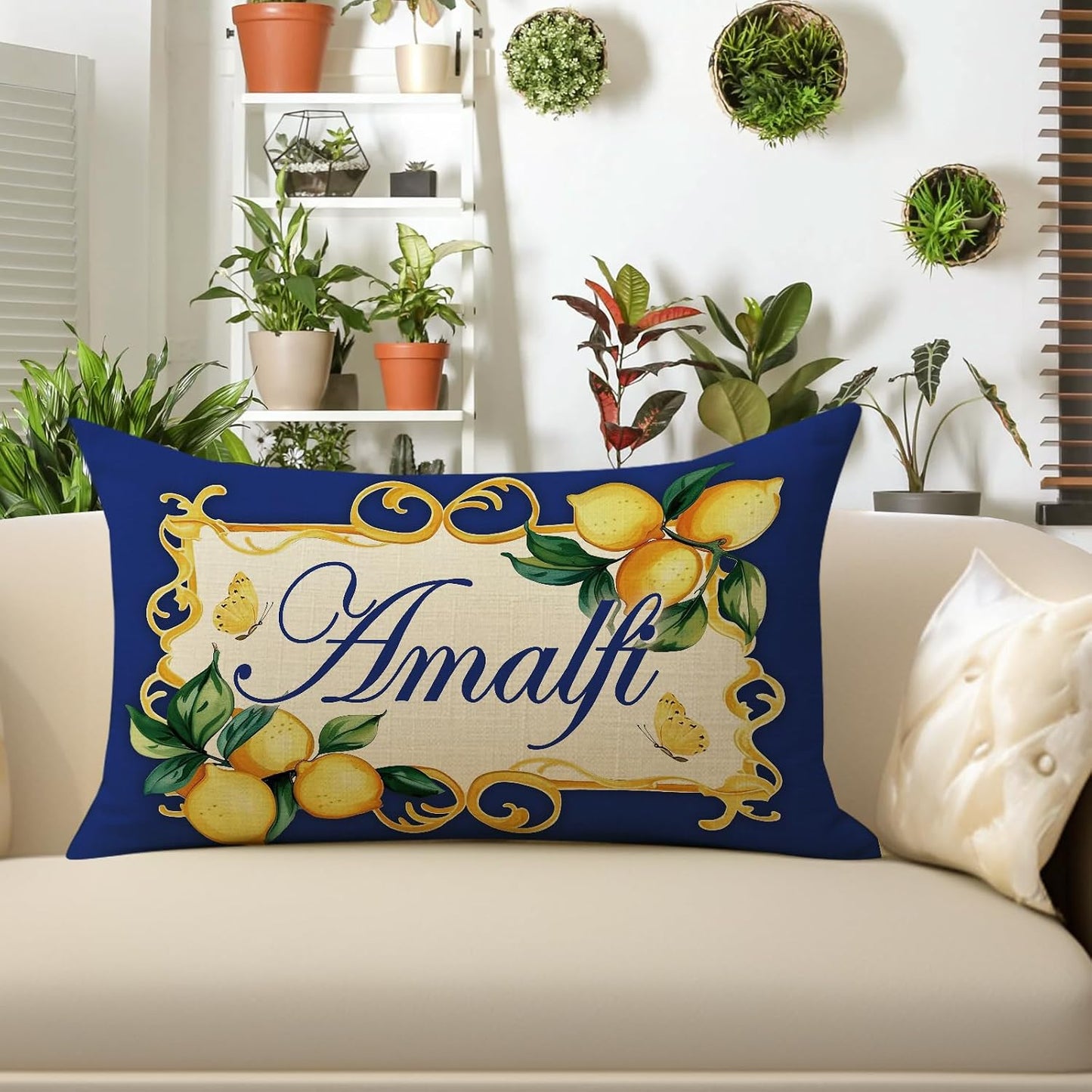 Italy Capri Blue Lemon Lumbar Decorative Throw Pillow Cover 12 x 20, Rectangular Italian Amalfi Coast Citrus Porch Outdoor Home Decor, Summer Mediterranean Sofa Couch Cushion Case
