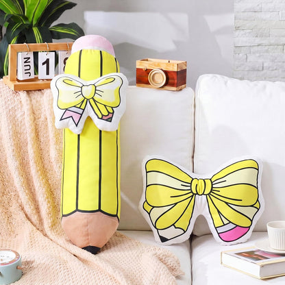 Peryiter 2 Pcs Cute Pencil Pillow Set 20 Inch Large Yellow Pencil Bow Throw Pillows Creative Plush Cushion for Reading Room Office Home Sofa Decoration Birthday Party Women Teacher Gift