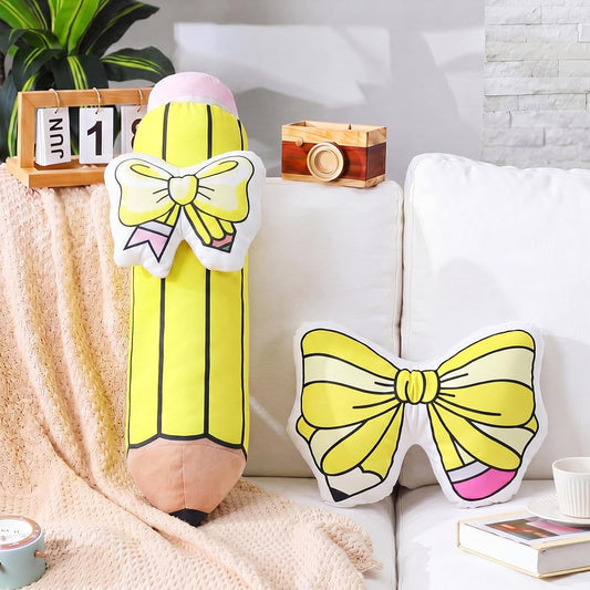 Peryiter 2 Pcs Cute Pencil Pillow Set 20 Inch Large Yellow Pencil Bow Throw Pillows Creative Plush Cushion for Reading Room Office Home Sofa Decoration Birthday Party Women Teacher Gift