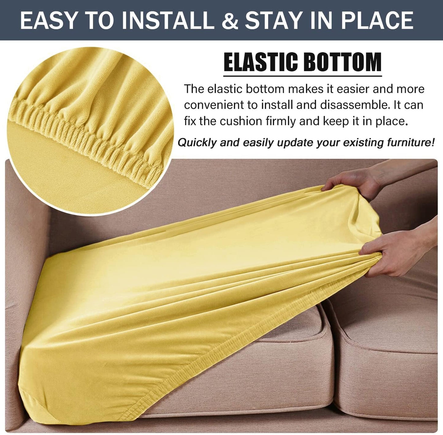 CONRUSER Stretch Cushion Cover, Soft Velvet Plush Cushion Slipcover Seat Sofa Covers Furniture Protector with Elastic Bottom (Yellow, 3)