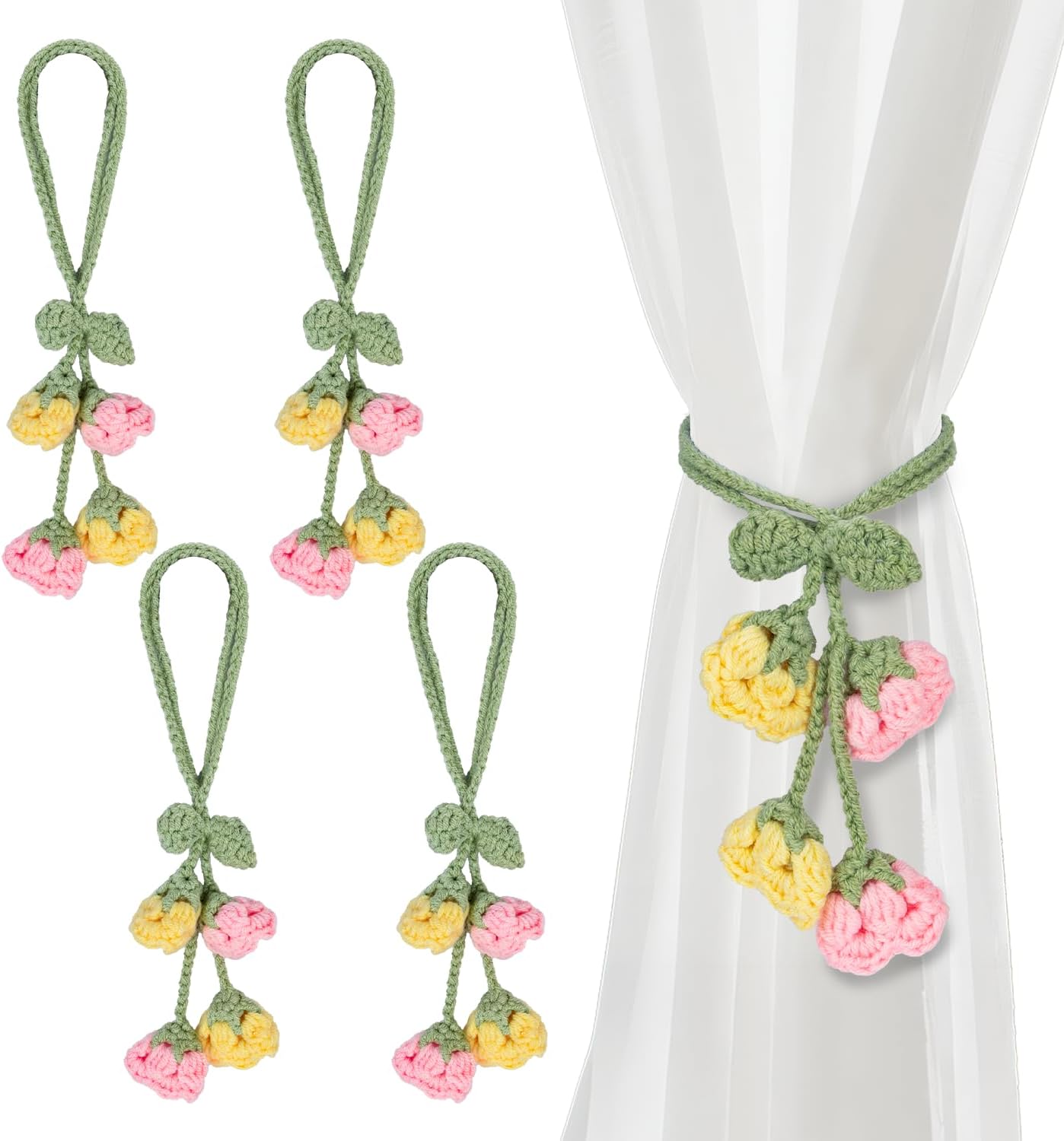 Flower Curtain Tiebacks, 4pcs Lily-of-The-Valley Curtains Holdbacks, Cute Curtain Holdbacks - No Drill Rope Holder, Drape Knitting Handmade for Nursery&Children's Room Decor (Pinkish/Yellow)