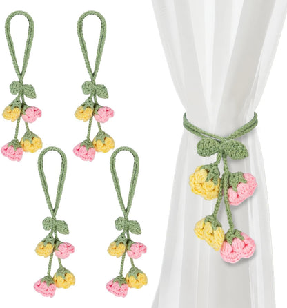 Flower Curtain Tiebacks, 4pcs Lily-of-The-Valley Curtains Holdbacks, Cute Curtain Holdbacks - No Drill Rope Holder, Drape Knitting Handmade for Nursery&Children's Room Decor (Pinkish/Yellow)